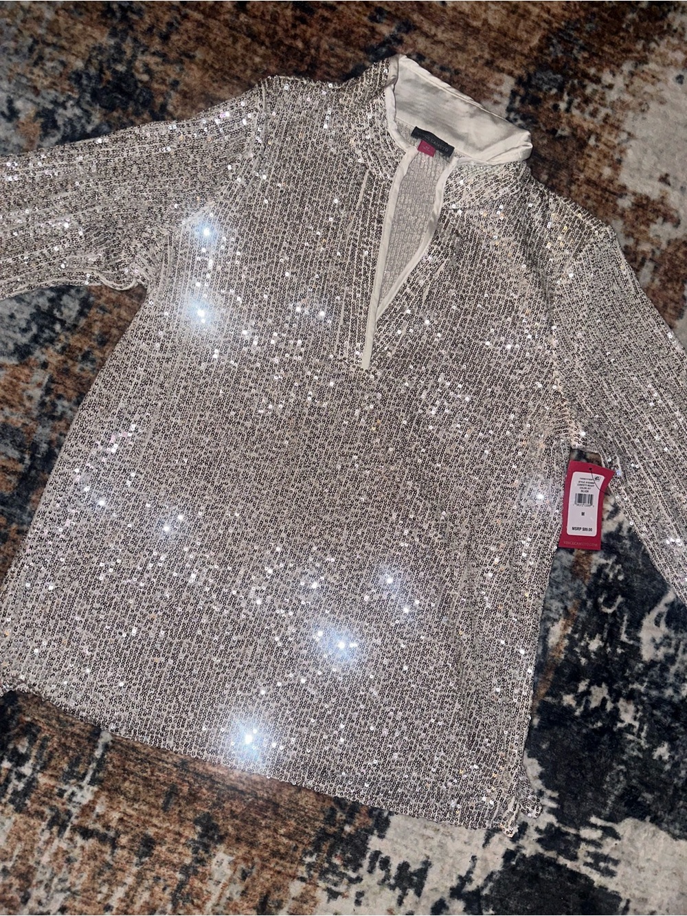Vince Camuto Silver Sequin Long Sleeve Top